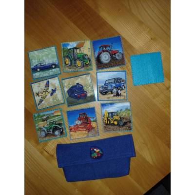 9-teiliges Memory mit Fahrzeugen – Handgemachtes Filzspiel für Kinder in Jeanstasche