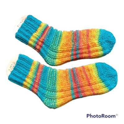 Handgestrickte Wollsocken für Kinder, Größe 24-27 – Mitwachsende Kindersocken Multicolor Orange