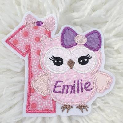 Patch/Applikation/Aufnäher/Bügelbild Geburtstagszahl mit Name und Eule, zwei Größen, Zahl, Aufbuegelbar