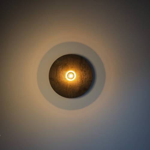 Wandlampe aus Holz, Verbranntes Holz Optik, Designerleuchte schwarz, LED Ringlicht, sanfte Beleuchtung