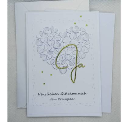 Hochzeitskarte, Blütenherz, weiß/gold, Glückwunsch den Brautpaar, Personalisierung möglich