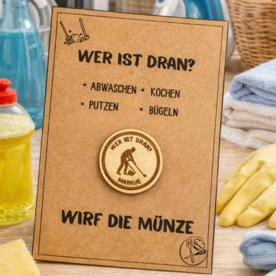 Personalisierte Entscheidungsmünze aus Holz – Haushaltsmünze mit Namen – Geschenk für Paare & WG