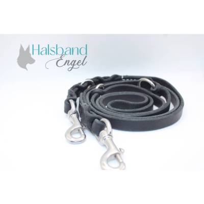 Hundeleine aus Fettleder Schwarz mit silberner Naht 15 mm | 2 m | Edelstahl | Halsbandengel