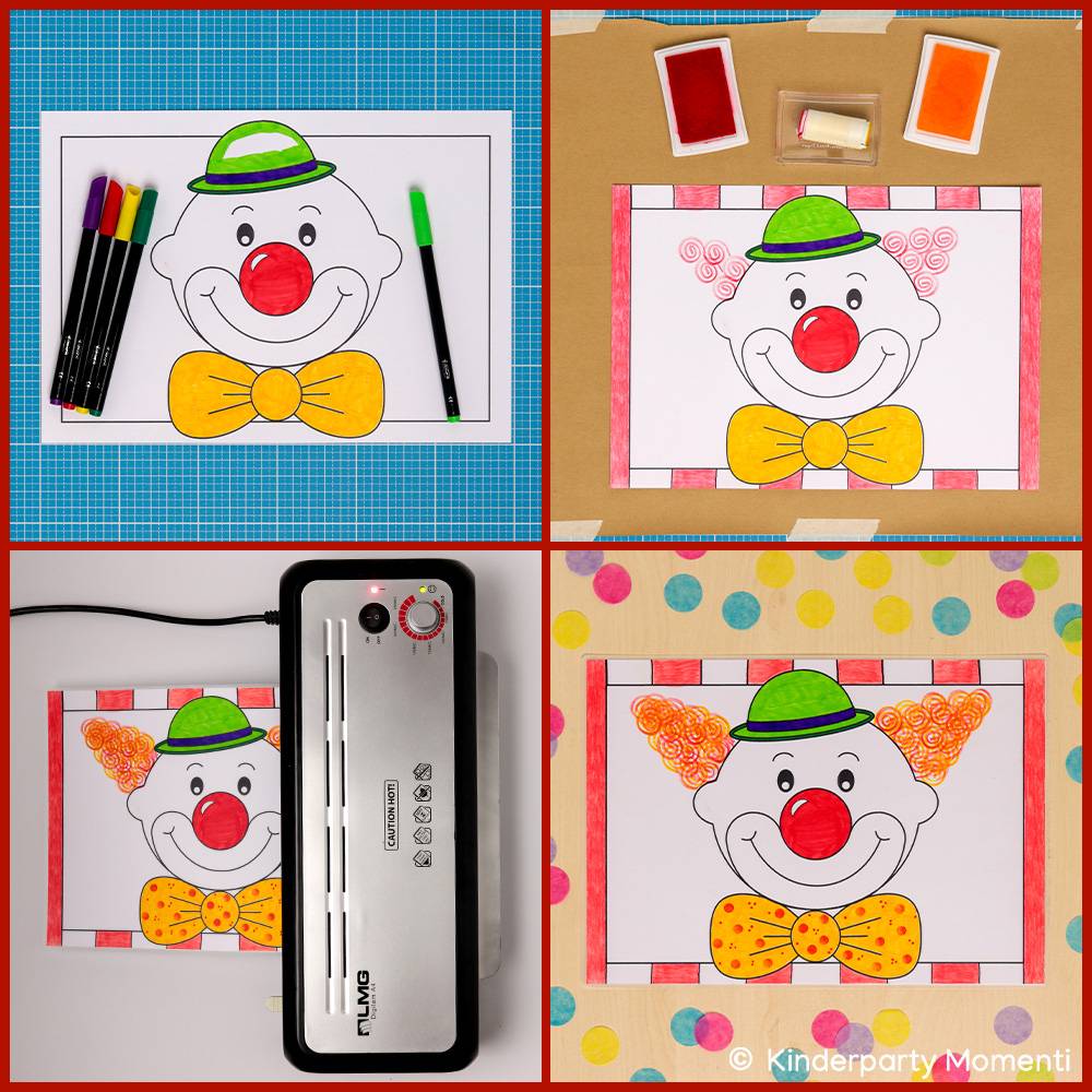 Drei Clown Ausmalbilder zum Basteln von Tischsets für fröhliche Kinderpartys Bild 4