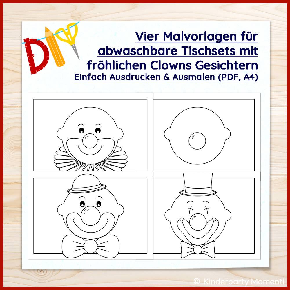 Drei Clown Ausmalbilder zum Basteln von Tischsets für fröhliche Kinderpartys Bild 5