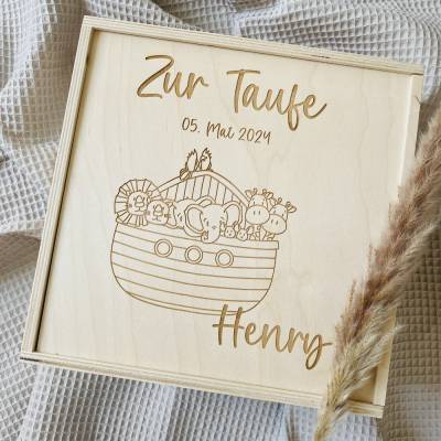 Erinnerungsbox zur Taufe aus Holz – 20x20 cm – mit Name, Datum und Motiv