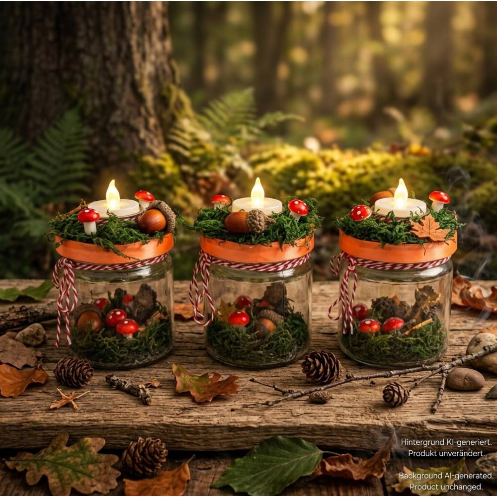 Herbstliches Kerzenglas ca. 8,5x9,3cm, herbstliches Windlicht, handgemachtes Herbst Windlicht Glas, Herbstglas Windlicht