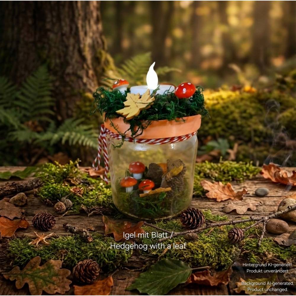 Herbstliches Kerzenglas ca. 8,5x9,3cm, herbstliches Windlicht, handgemachtes Herbst Windlicht Glas, Herbstglas Windlicht