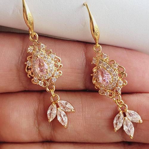 Rosa Tropfen Ohrringe 18K Hochzeitschmuck Gold mit Zirkonia,Braut Ohrringe,Vergoldete Ohrringe