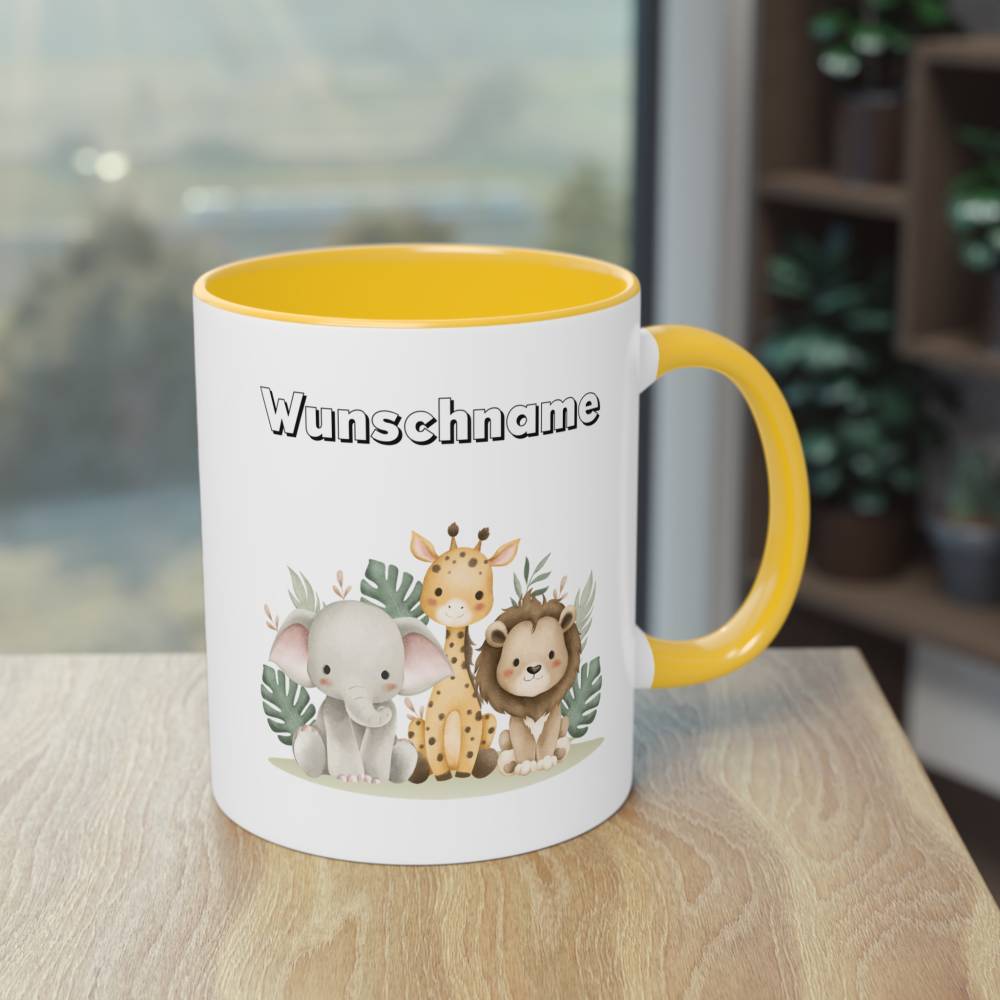 Personalisierte Kinder-Keramiktasse mit Namen & Safari-Tieren – fröhliche Lieblingstasse für kleine Abenteurer