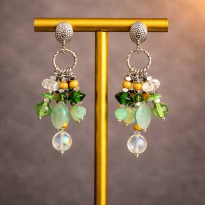 Statement Ohrringe grün und silber – Perlenohrringe Boho Stil mit Ohrstecker Edelstahl silber 