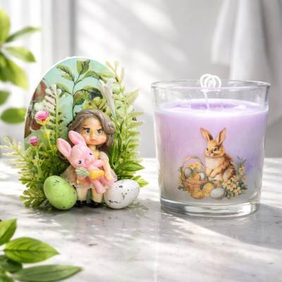 Osterdekoration - 2-er Set - Kerze im Glas und Osterei mit Kaltporzellan Verzierung