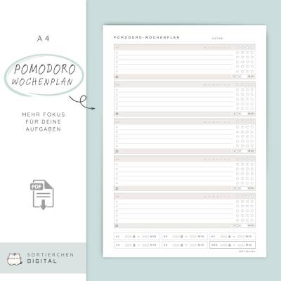 Pomodoro Wochenplan | To Do-Liste mit Zeitblöcken | A4 PDF Download