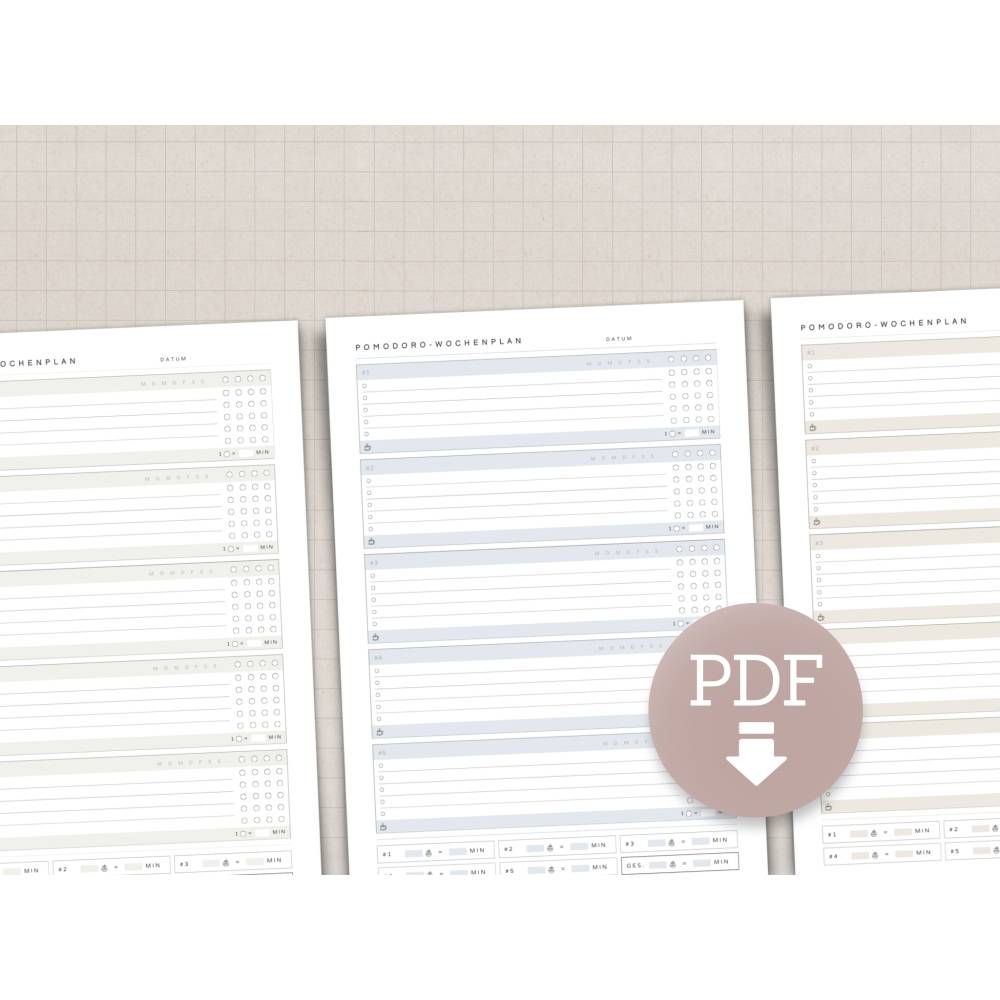 Pomodoro Wochenplan | To Do-Liste mit Zeitblöcken | A4 PDF Download