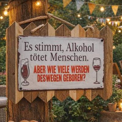 Es stimmt Alkohol tötet Menschen. Aber wie viele werden deswegen geboren? Blechschild auf Altholz - Wanddeko - Geschenk