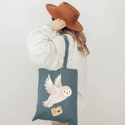 Stofftasche Eule Schneeeule mit Brief Jutebeutel Waldtiere - Bibliothektasche Eule Geschenk Tasche Jutetasche Bücher