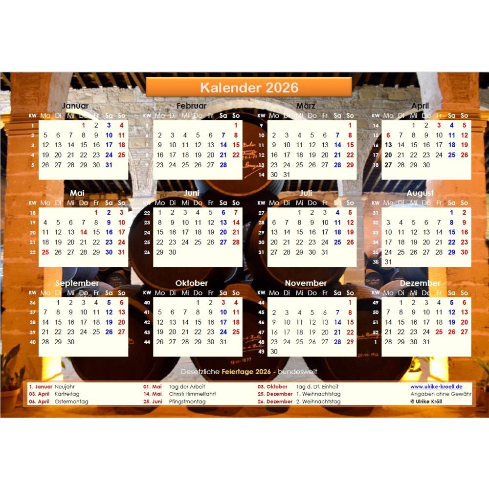 Jahreskalender 2026 auf einen Blick - Sherryfässer PDF – DIN A4 zum Ausdrucken Bild 1