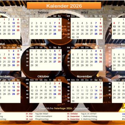 Jahreskalender 2026 auf einen Blick - Sherryfässer PDF – DIN A4 zum Ausdrucken