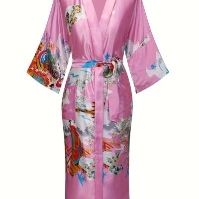 Damen-Kimono Handarbeit, japanisches klassisches Motiv mit Gürtel, rosa-weiss, neu, bodenlang