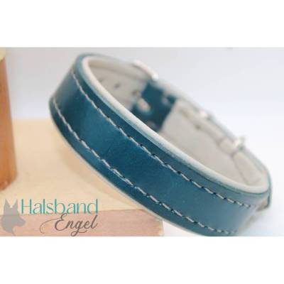Lederhalsband Hund Petrol – Blankleder mit Nappaleder Grau | HU 31 cm (+/- 3 cm)