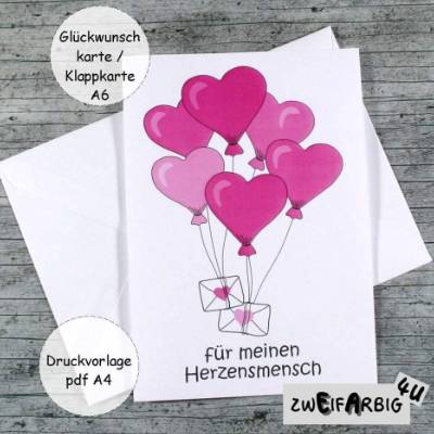 Klappkarte **Herzballon2** pdf-Druckvorlage Grußkarte A6 zum Selberdrucken Geburtstag Valentinstag