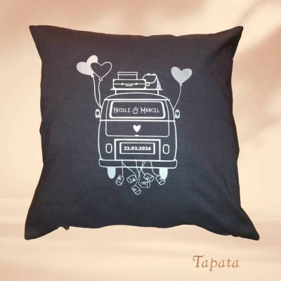 Hochzeitskissen, Wedding - Camper, Wohnwagen personalisiert mit Namen / Hochzeitsdatum (1- oder 2-teilig)