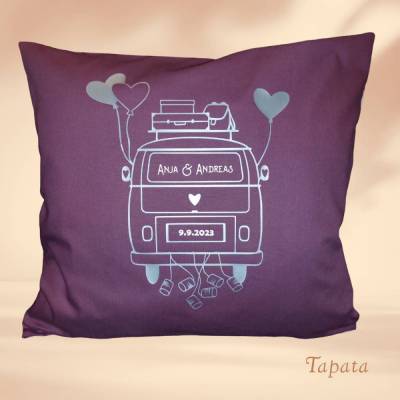 Hochzeitskissen, Wedding - Camper, Wohnwagen personalisiert mit Namen / Hochzeitsdatum (1- oder 2-teilig)