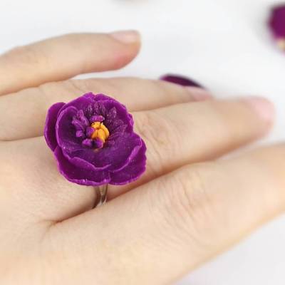 Primrose Ring Adjustable Polymer Clay Purple Flower Cocktail Ring