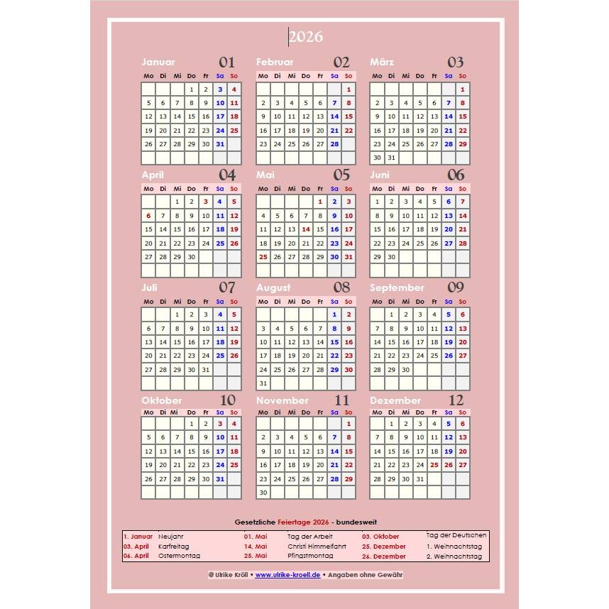 Jahreskalender 2026 auf einen Blick in Roséfarben - Hochformat PDF