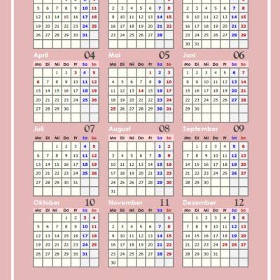 Jahreskalender 2026 auf einen Blick in Roséfarben - Hochformat PDF – DIN A4 zum Ausdrucken