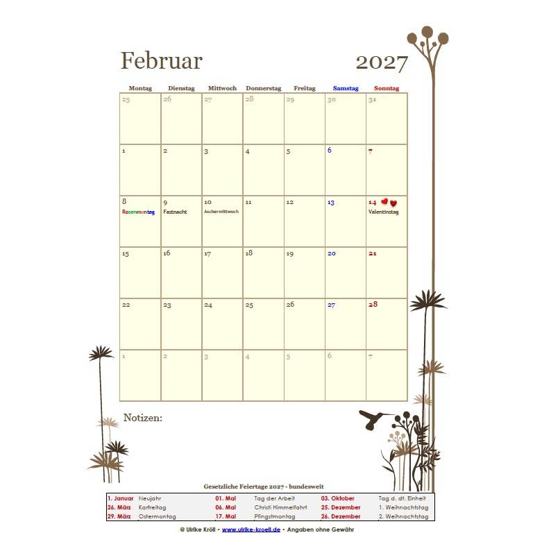 Jahreskalender 2027 Kolibri – 13-seitig, Hochformat PDF – DIN A4 zum Ausdrucken Bild 2