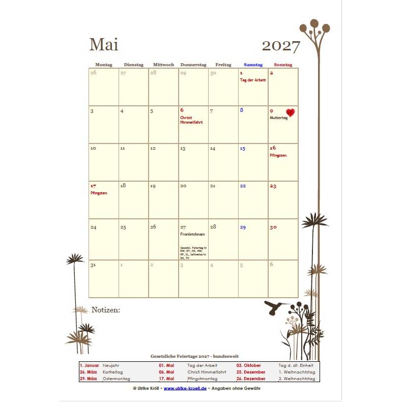 Jahreskalender 2027 Kolibri – 13-seitig, Hochformat PDF – DIN A4 zum Ausdrucken Bild 3