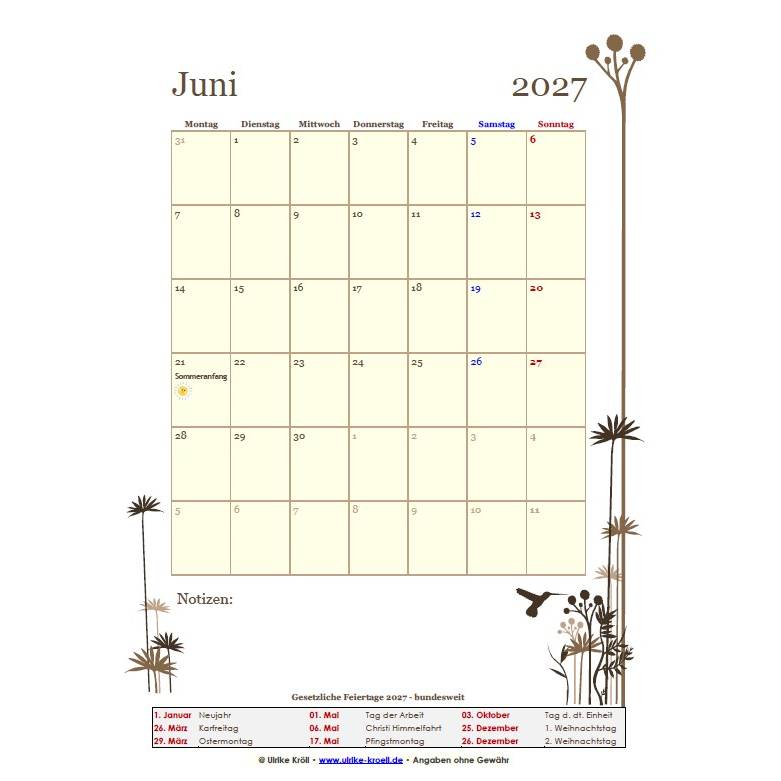 Jahreskalender 2027 Kolibri – 13-seitig, Hochformat PDF – DIN A4 zum Ausdrucken Bild 4