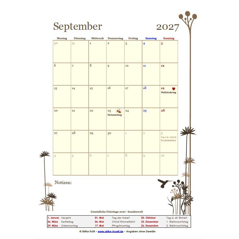 Jahreskalender 2027 Kolibri – 13-seitig, Hochformat PDF – DIN A4 zum Ausdrucken Bild 5