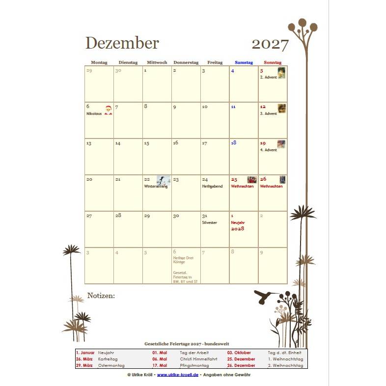 Jahreskalender 2027 Kolibri – 13-seitig, Hochformat PDF – DIN A4 zum Ausdrucken Bild 6