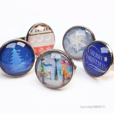 Weihnachtsring Ring verstellbar silberfarben, Glas Cabochon mit Motiv Winter Tannenbaum, Paar im Schnee, Rentier, handma