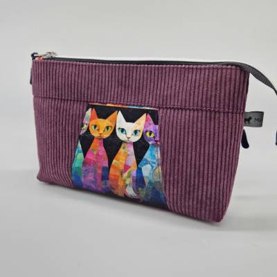 Kosmetiktasche Cord mit Katzen lila