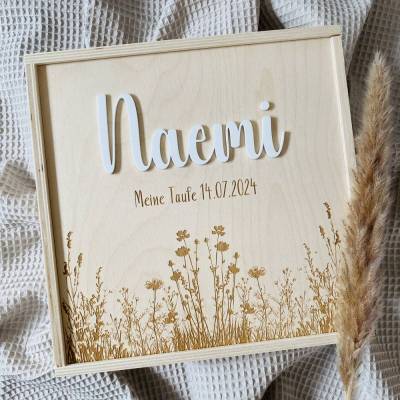 Erinnerungsbox zur Taufe aus Holz – 20x20 cm – mit Name, Datum und Motiv 