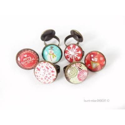 Ring verstellbar bronzefarben, Glas Cabochon mit Motiv Winter Schneemann, Zuckerstange, Weihnachtsring, BuntMixxDESIGN
