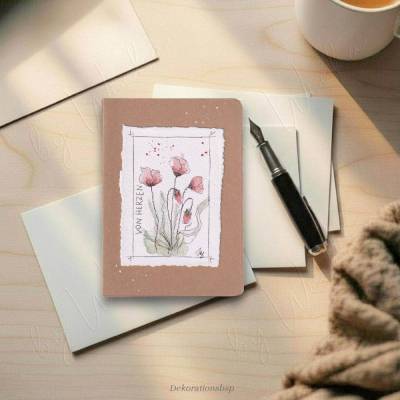 Grußkarte - VON HERZEN, handgemaltes Aquarellbild Mohnblumen minimalistisch, mit Büttenrand auf Kraftpapier, Unikat