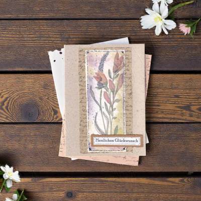 HERZLICHEN GLÜCKWUNSCH, Klappkarte A6 – Karte mit handgemaltem Blumenmotiv auf Graspapier mit Umschlag