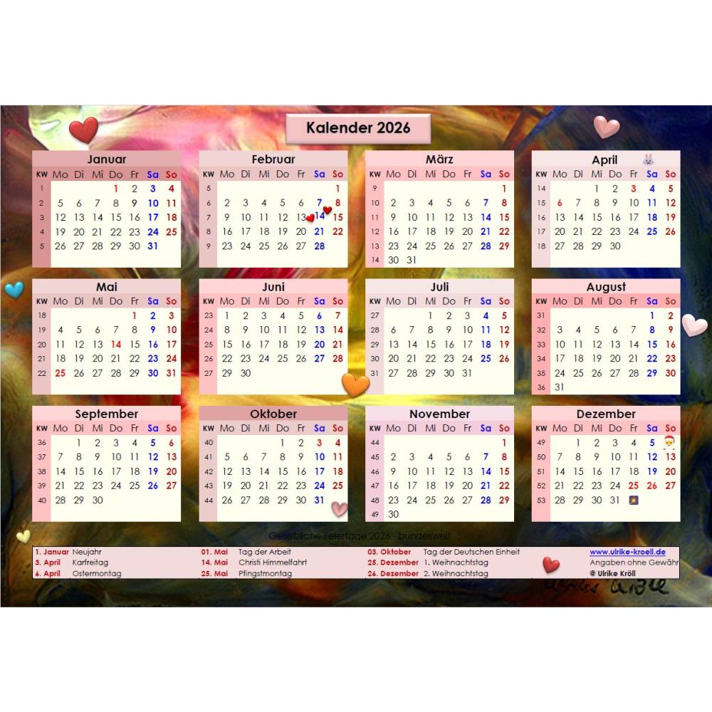 Jahreskalender 2026 auf einen Blick – Akustik, PDF – DIN A4 zum Ausdrucken Bild 1