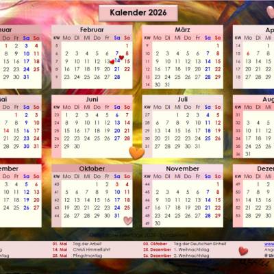 Jahreskalender 2026 auf einen Blick – Akustik, PDF – DIN A4 zum Ausdrucken