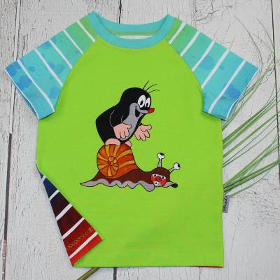 T-Shirt Maulwurf mit der Schnecke, Sommershirt, Raglanshirt, Kindershirt, Mädchen, Junge, bunte Streifen, kurzarm