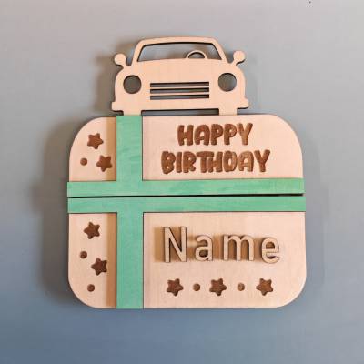 Personalisierte Geldscheinverpackung aus Holz – Gutscheinverpackung mit Gravur & Schleife zum Geburtstag