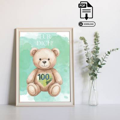 Geldgeschenk Für Dich - Last Minute Geschenk Geld - PDF Download zum Ausdrucken - Geburtstag Geschenk Teddy mit Herz