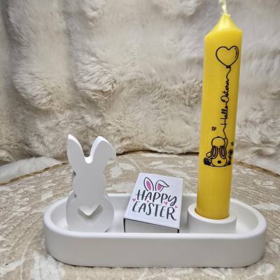 Oster-Deko-Set „Hallo Ostern“ – Modernes Tablett mit Hase & Kerze