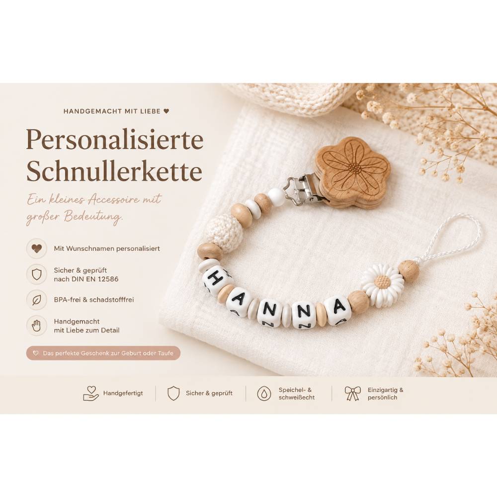 Schnullerkette mit Namen personalisiert fr Mdchen  Handgemacht,  Blmchen, natur wei  Babygeschenk