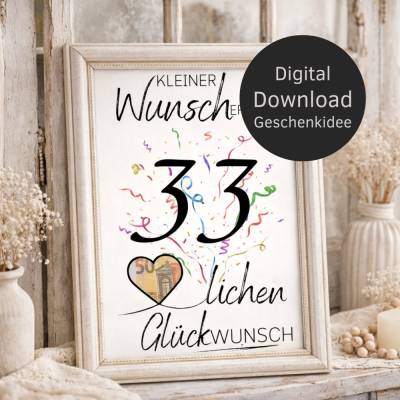 Geldgeschenk 33. Geburtstag | Wunscherfüller Digitaler Download | Geburtstagsgeschenk DIY Last Minute Idee