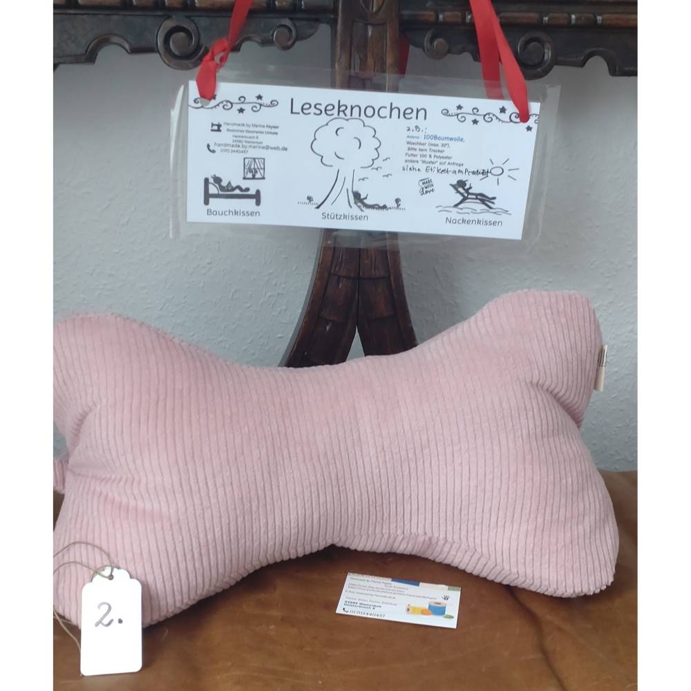 40 x 23 cm ( + Band) rosa Leseknochen Nackenrolle Buchstütze Keilkissen handgemacht – personalisierbar, 100% Baum Bild 2